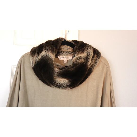 Philosophy Beige Brown Faux Fur Collar Cuff Long Sleeve Sweater Top Oversized S - Picture 2 of 8